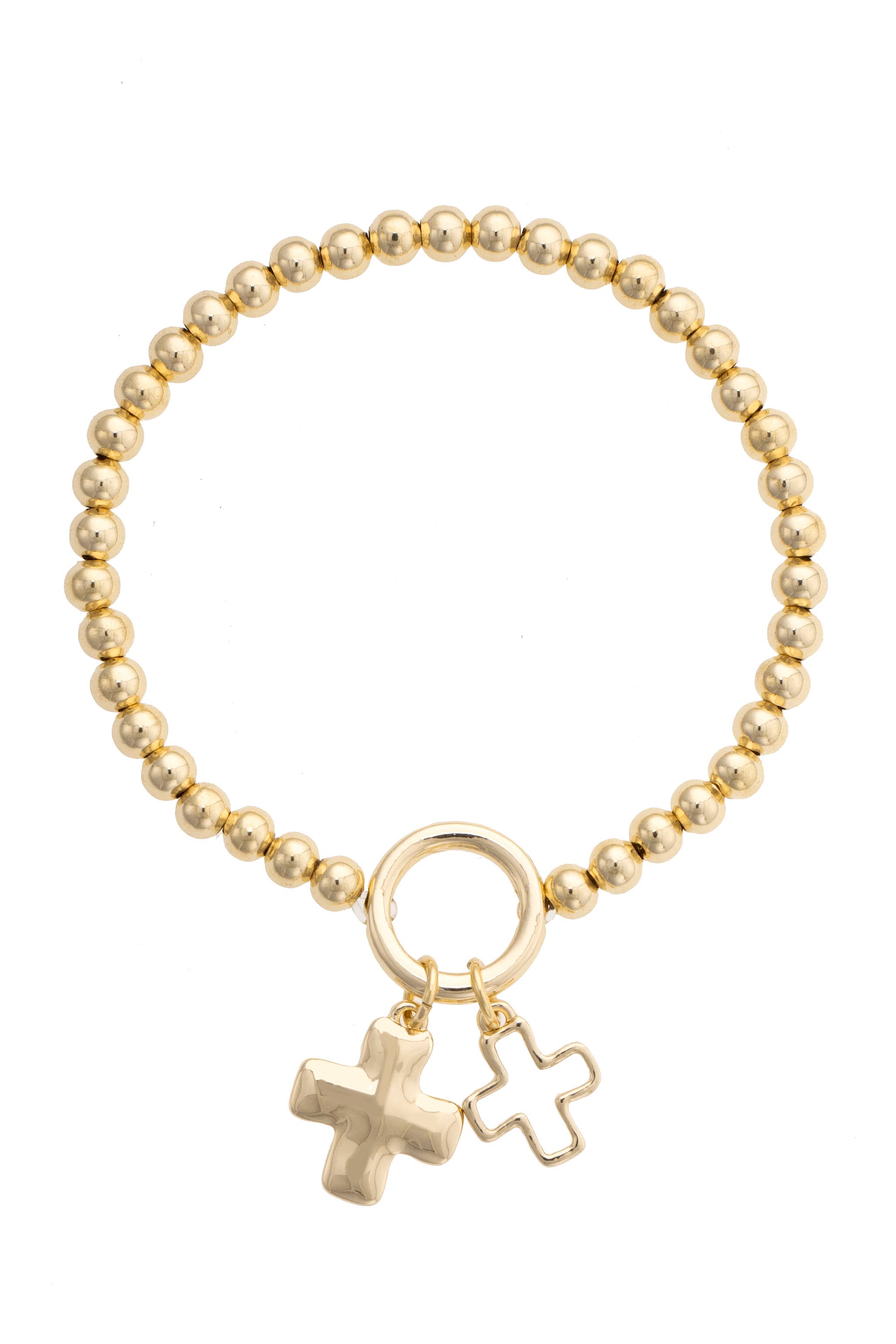 Loretta Cross Charm Ball Bead Bracelet in Shiny Gold
