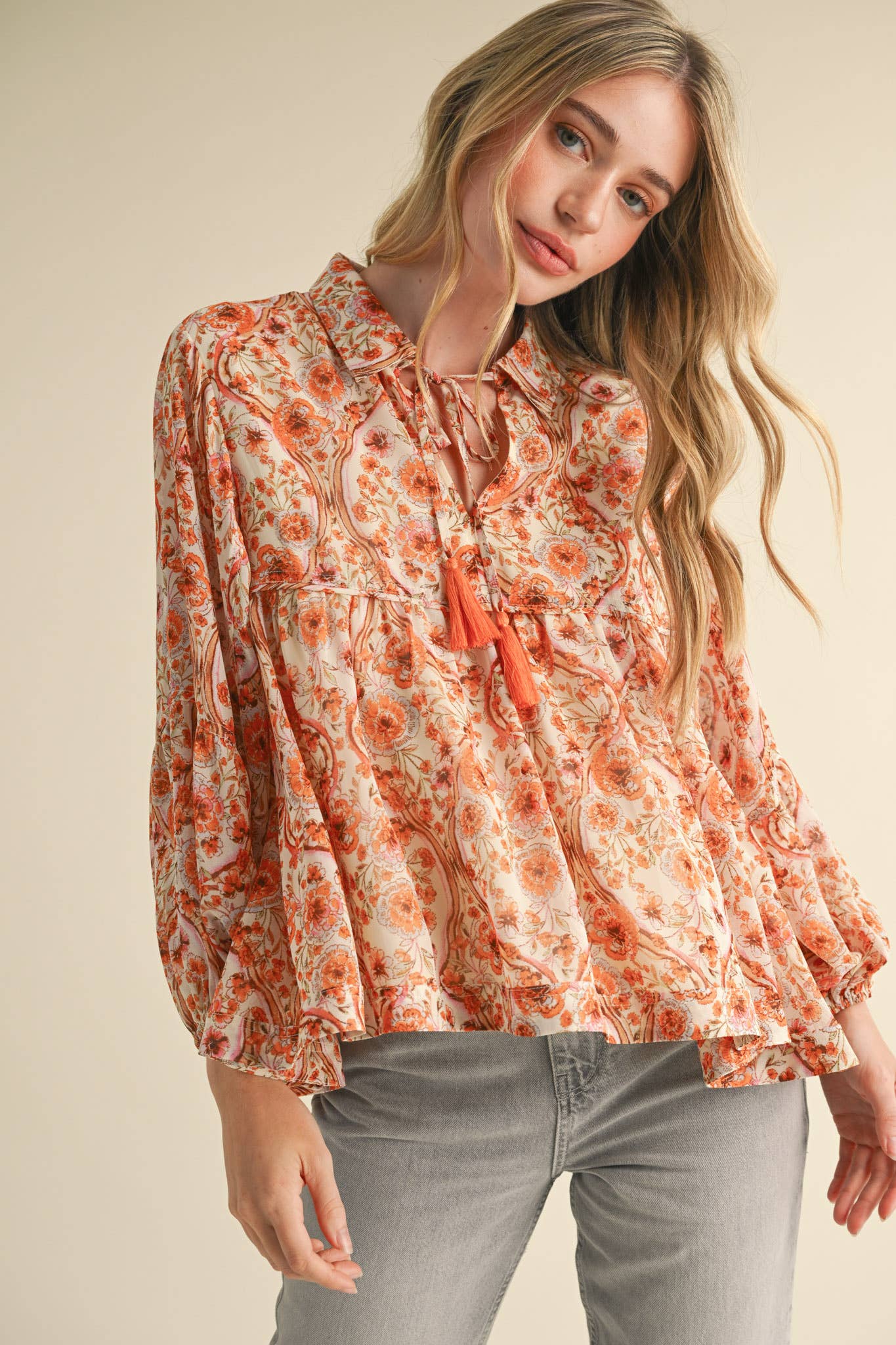 Cream & Orange Print Collared Top