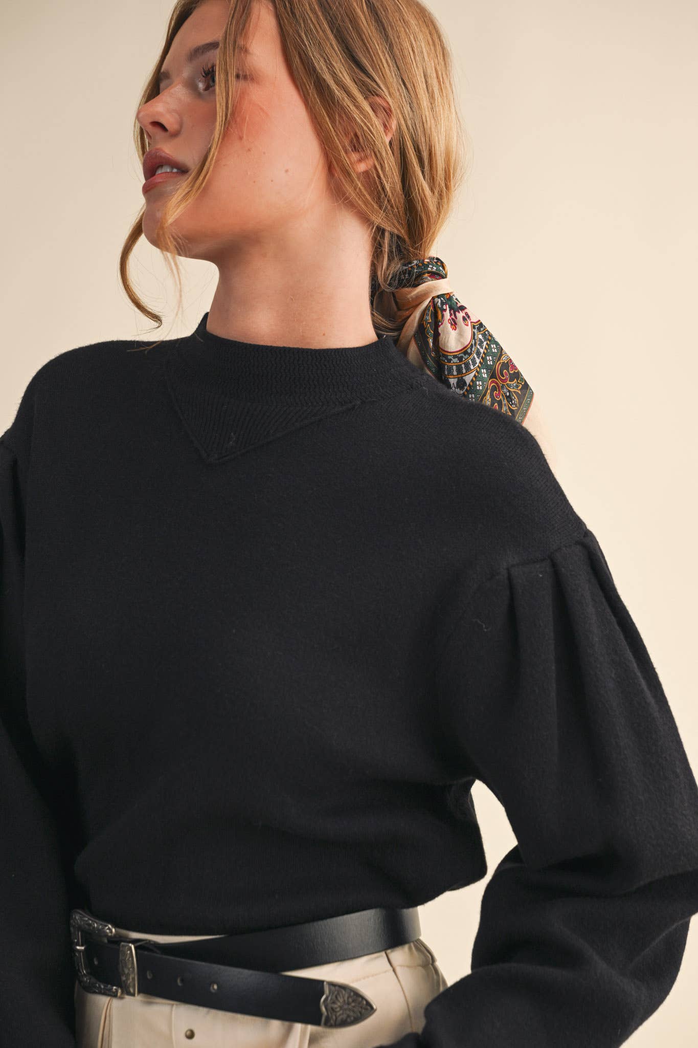 Black Mock Neck Puff Sleeve Sweater