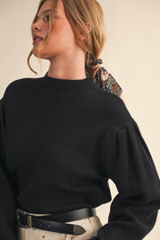 Black Mock Neck Puff Sleeve Sweater