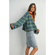 Green Striped Quarter-Zip Contrast Collar Sweatshirt