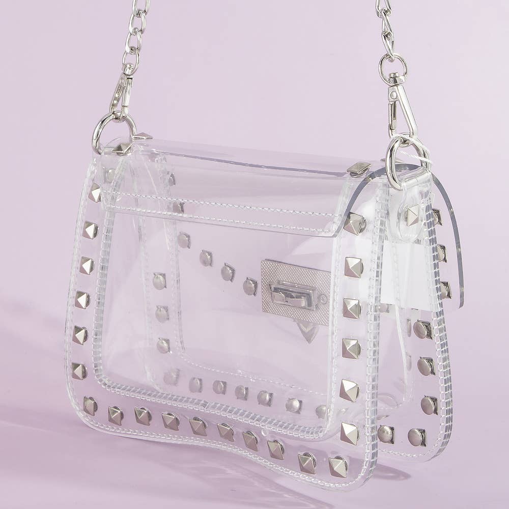Clear Studded Crossbody Stadium Bag With Chain Strap