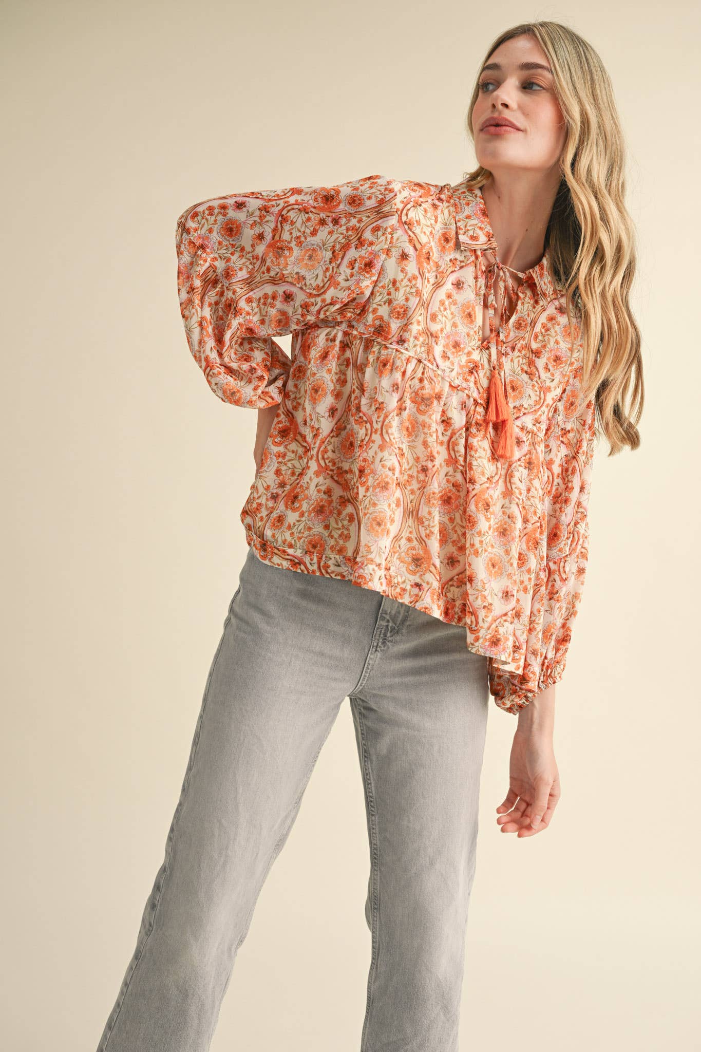 Cream & Orange Print Collared Top