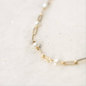 18K Gold Steel Station Pearl Paperclip Chain Bracelet