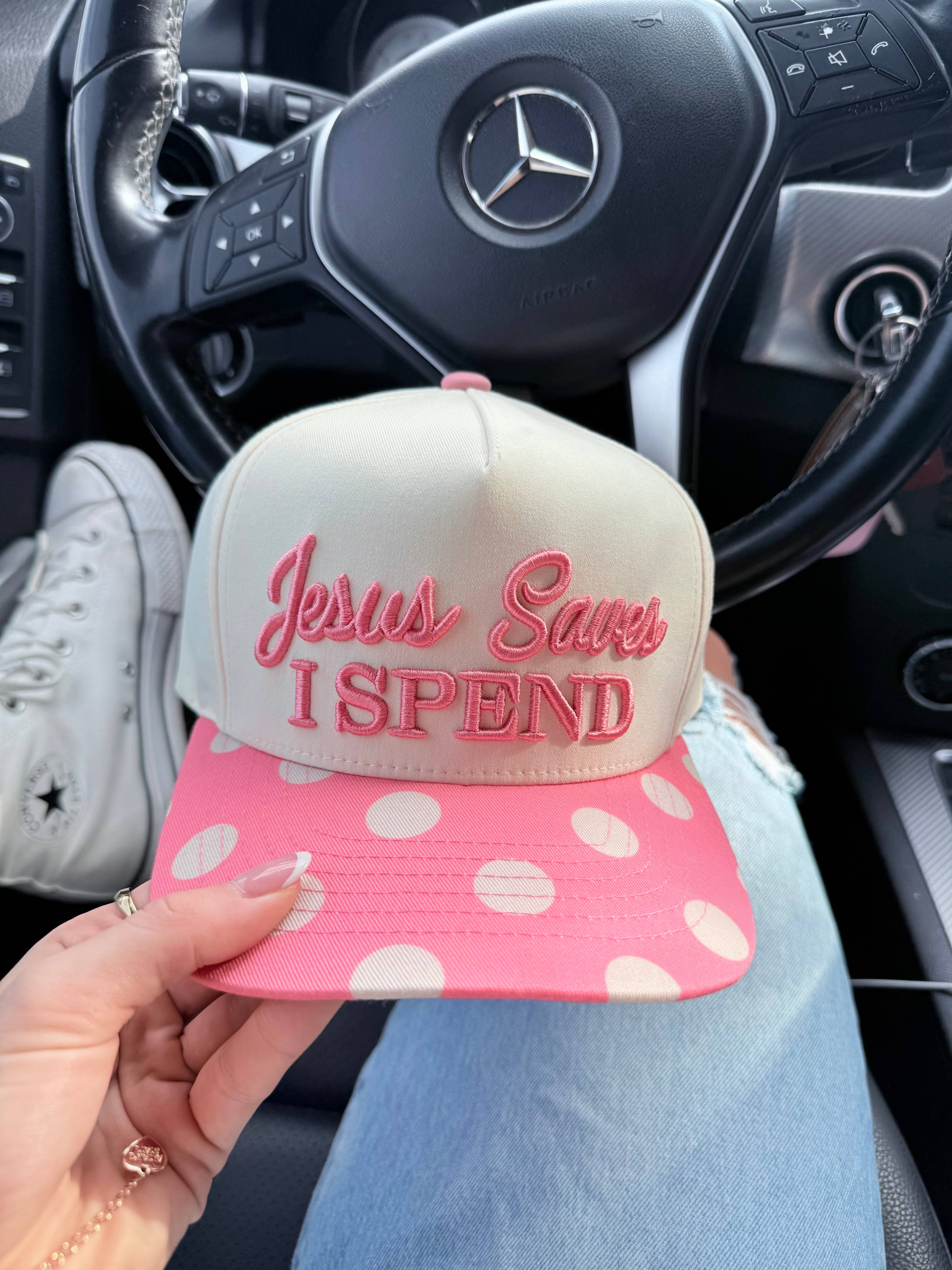 Pink Polka Dot Jesus Saves I spend trucker hat