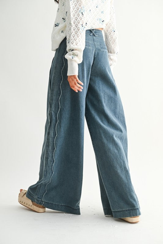 Scallop Wide Leg Denim Pants