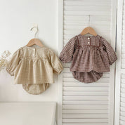 Gingham Baby Romper with Long Sleeve Puff Design