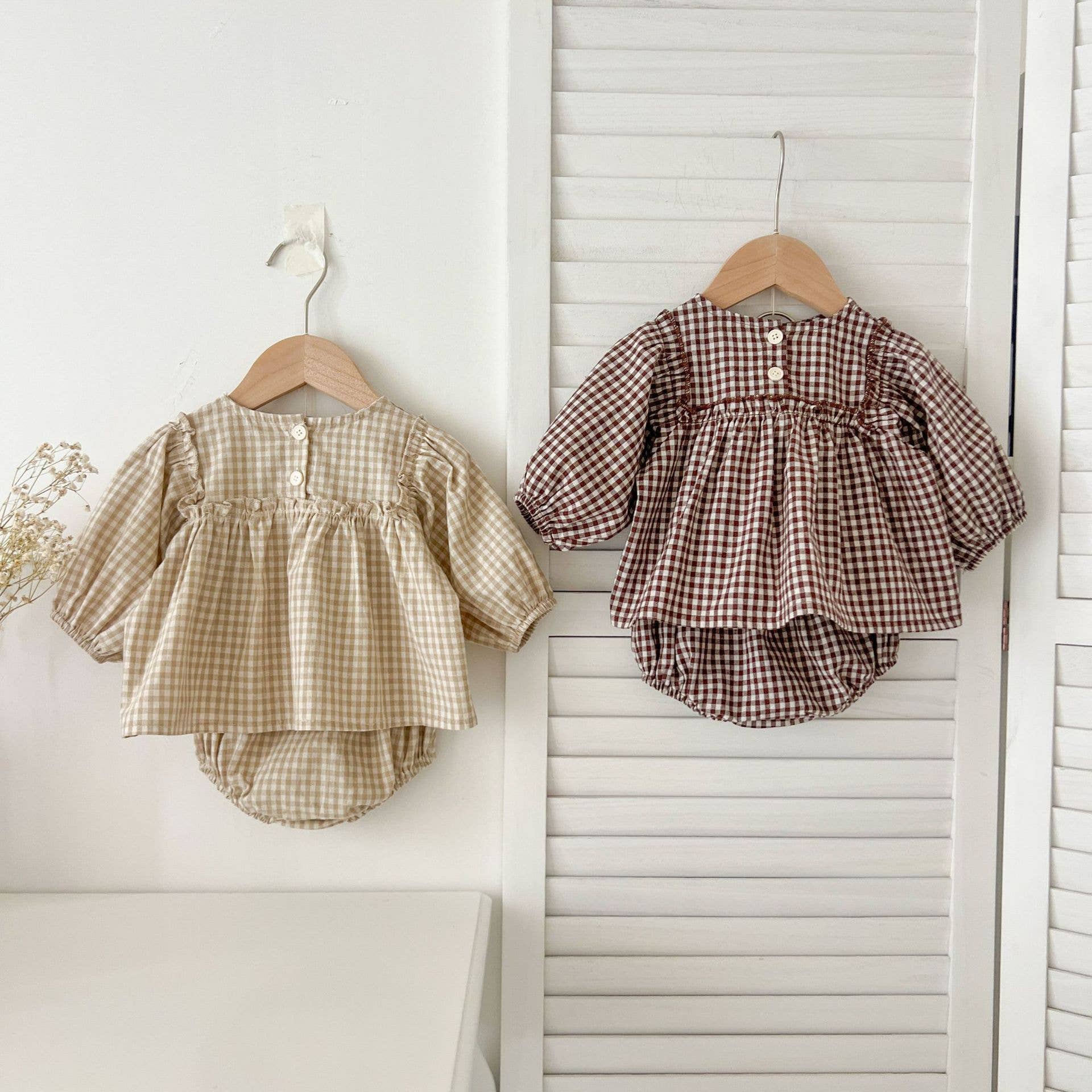 Gingham Baby Romper with Long Sleeve Puff Design