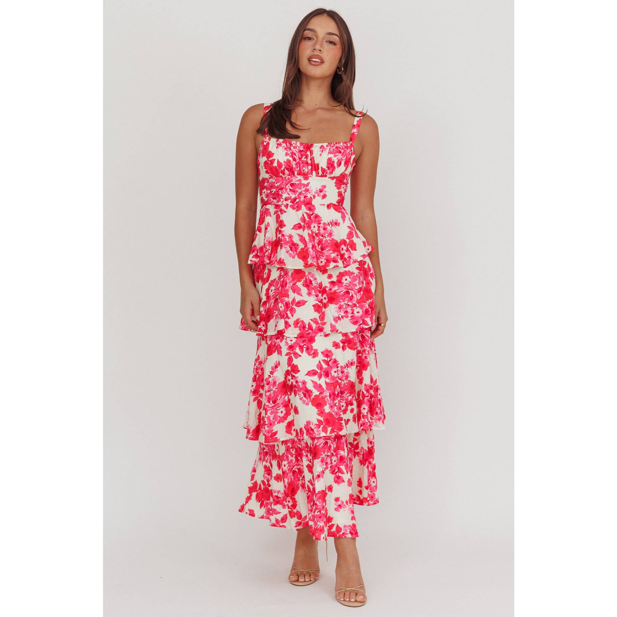 Pink Floral Tiered Maxi Dress