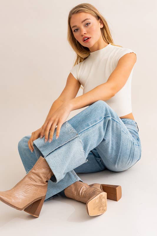 High Waisted Wide Leg Cuffed Jeans