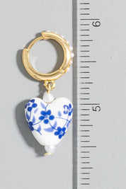 Floral Ceramic Heart Charms Pearl Studded Hoop Earrings
