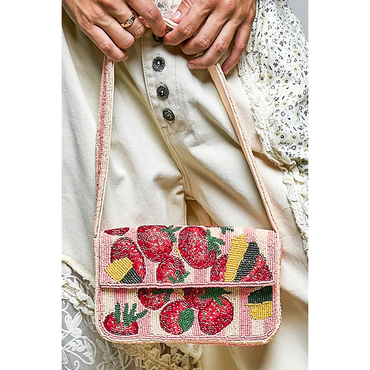 Pink Beaded Fruit Shoulder Bag