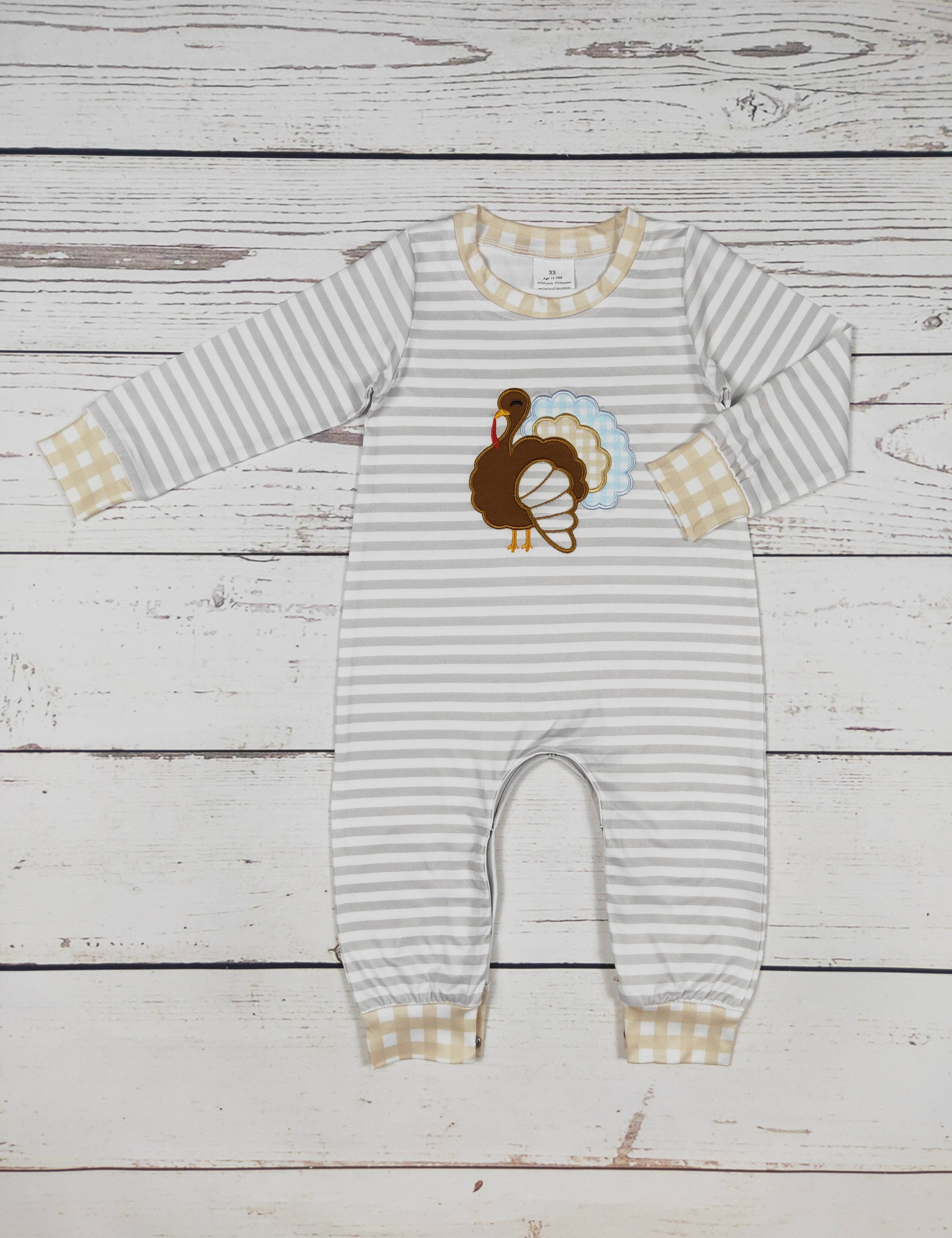 Stripe Thanksgiving Boy Romper — color: grey and white stripe with tan gingham trim and round neckline