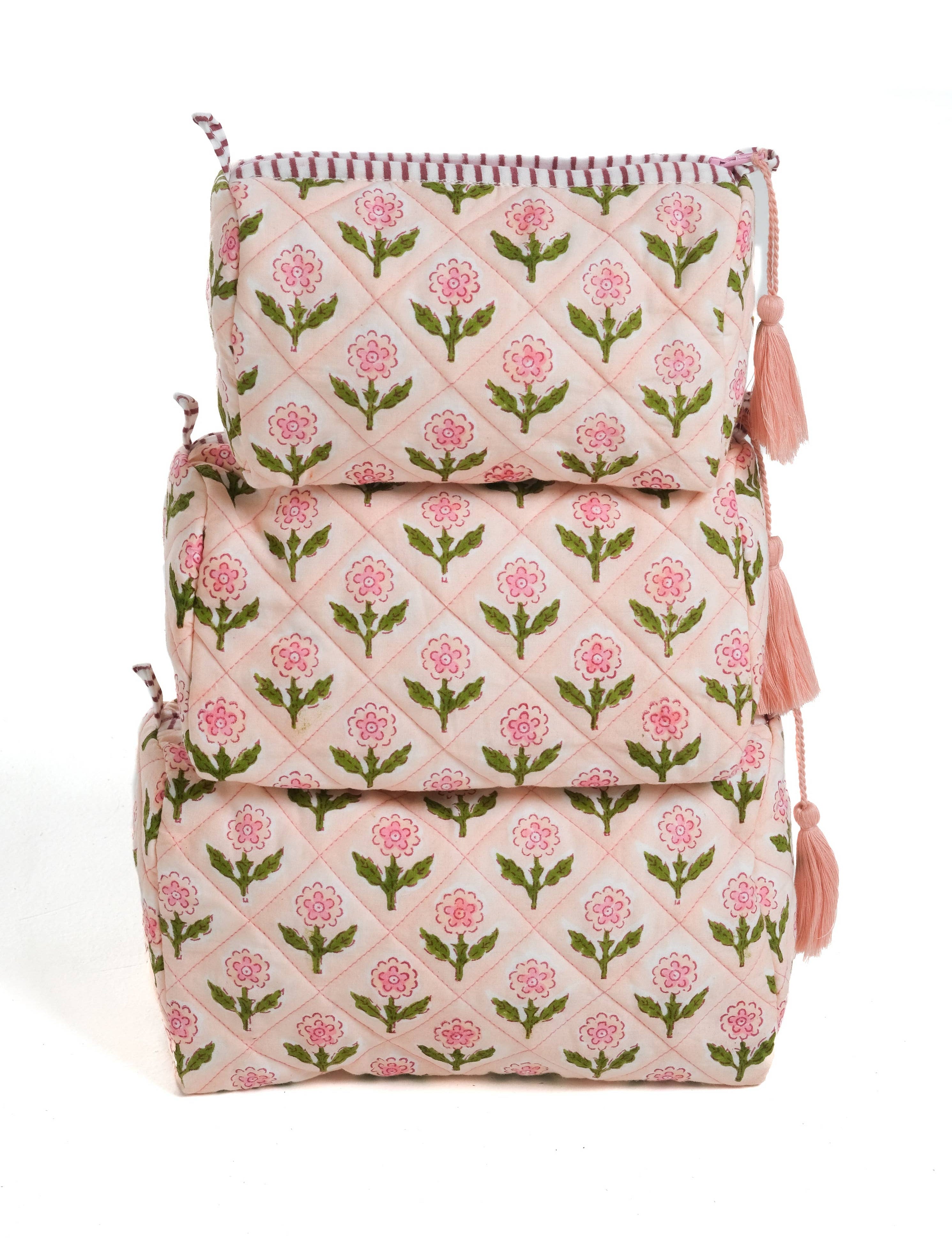 Mona Blockprint Makeup Bag in Pink — wipeable liner and four internal pockets