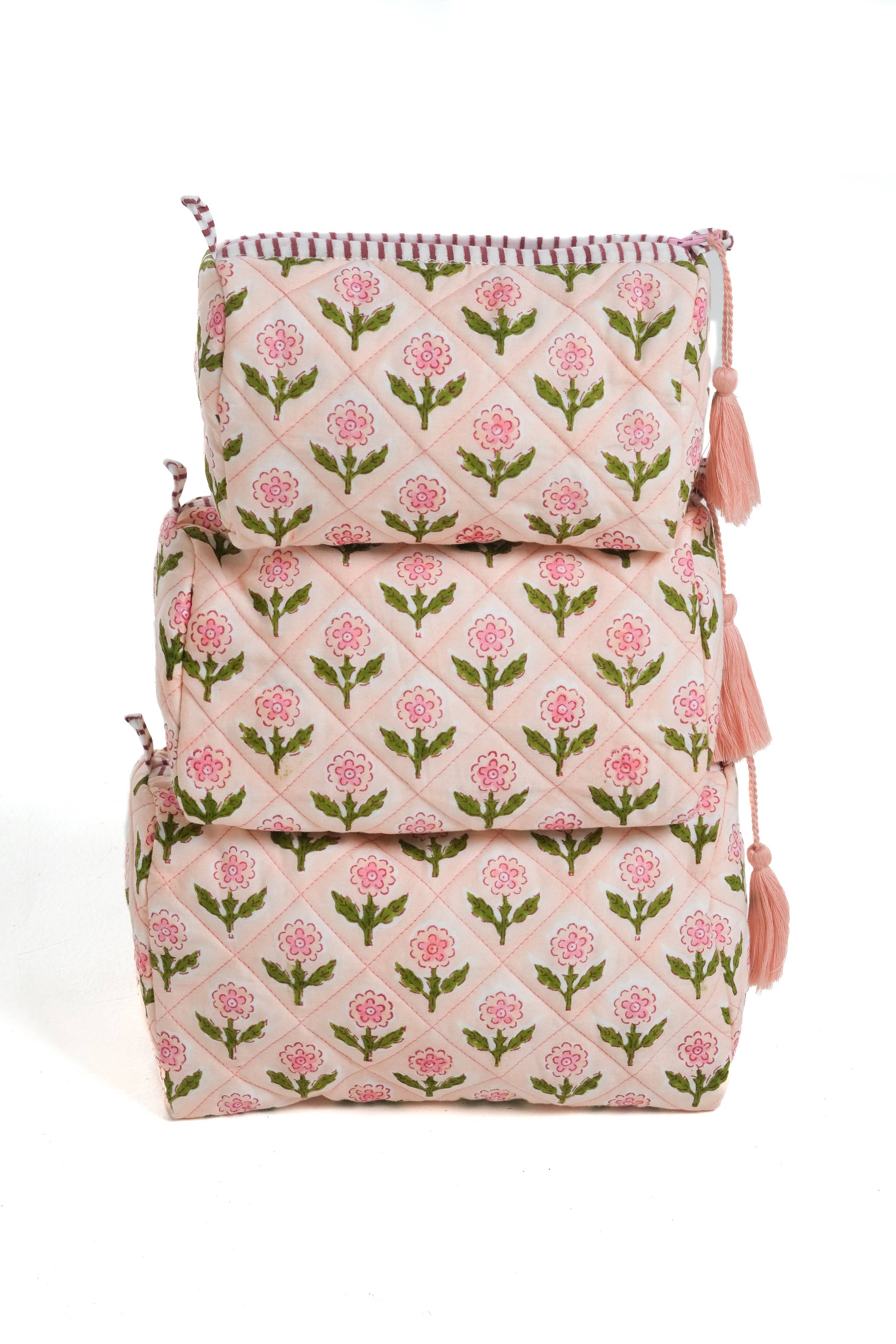 Mona Blockprint Makeup Bag in Pink — wipeable liner and four internal pockets
