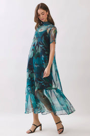 Green Sheer Floral Overlay Maxi Dress