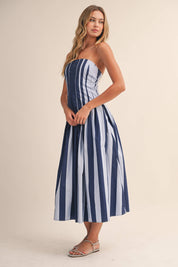 Blue Strapless Striped Midi Dress