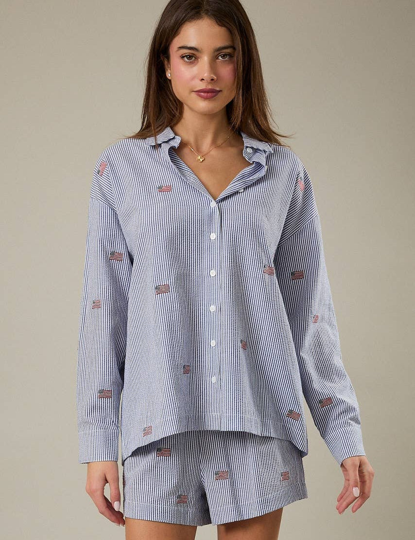 Navy & White Stripe Flag Button Down Top