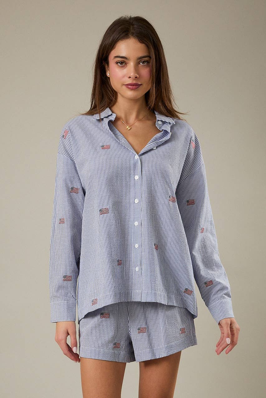 Navy & White Stripe Flag Button Down Top