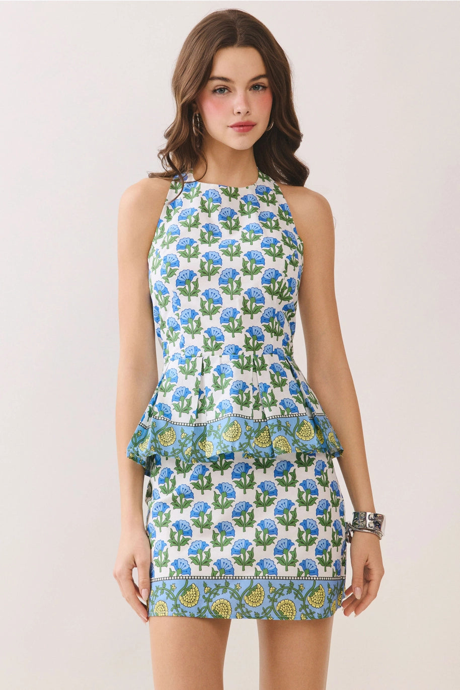 Blue Floral Print Halter Neck Top