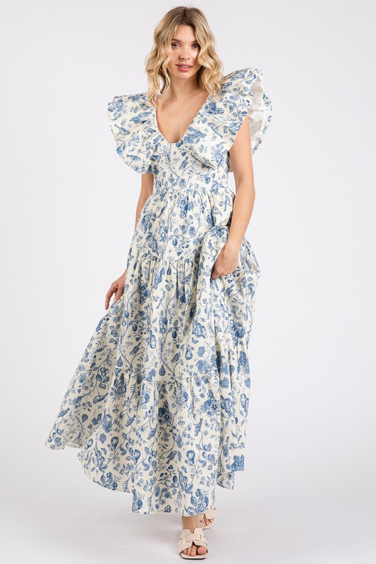 Blue Ruffled Sleeve Maxi Dress