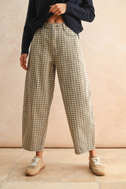 Beige Checker Pattern Barrel Pants