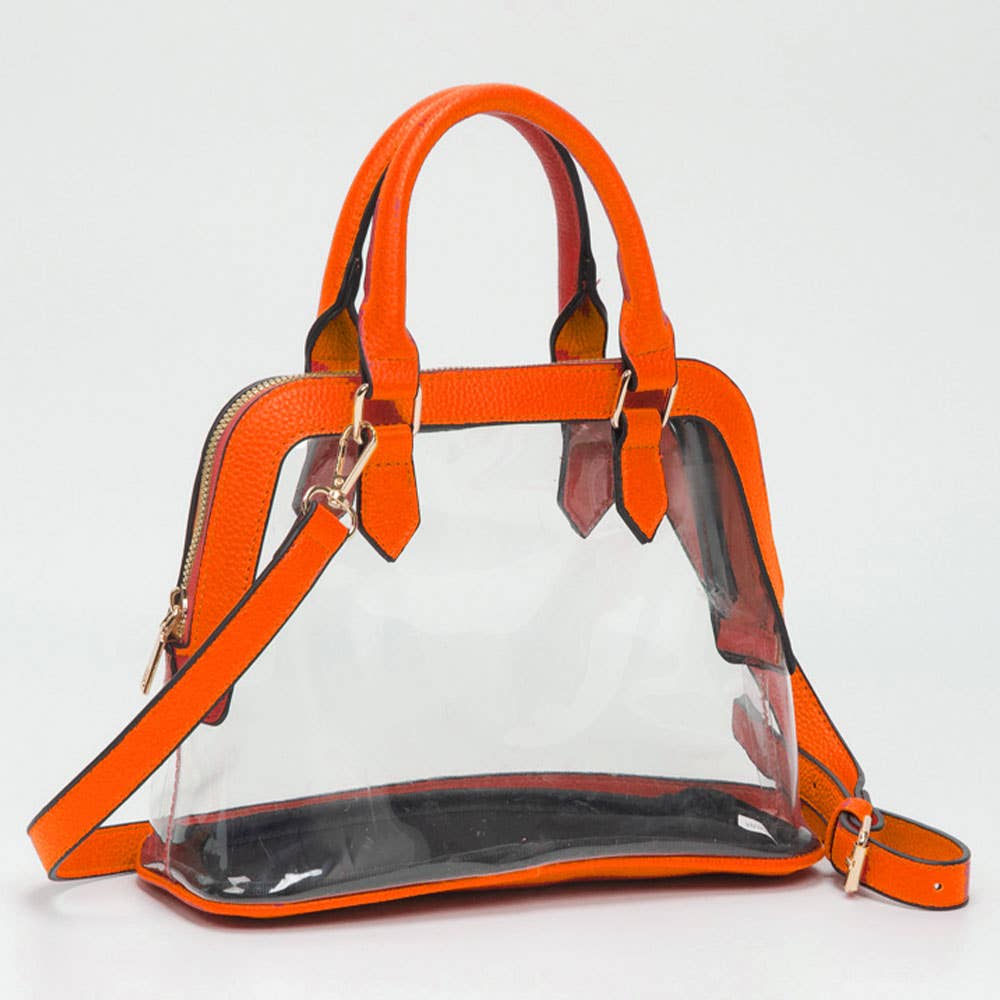 Faux Leather Trim Transparent Structured Top Handle Handbag / Crossbody Bag: Clear, Black
