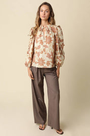 Beige Floral Print Ruffle Blouse showing long balloon sleeves