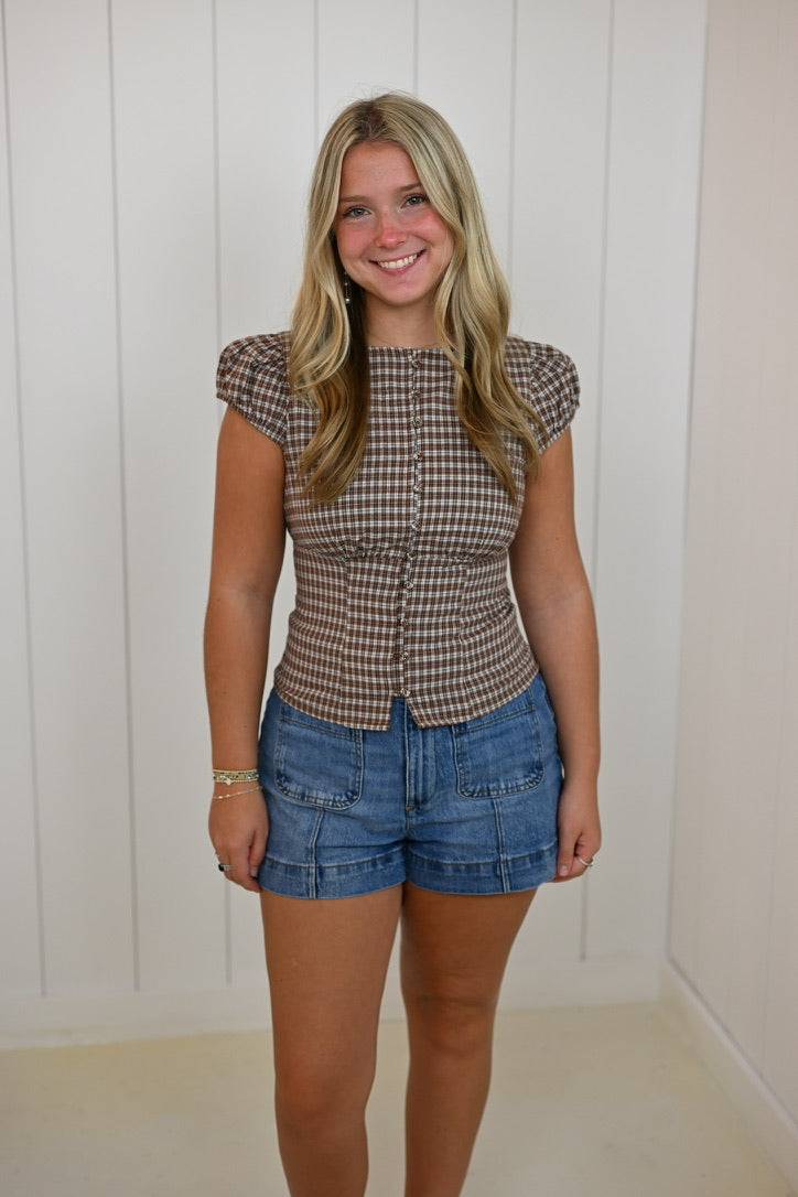 Brown Plaid Cinched Top
