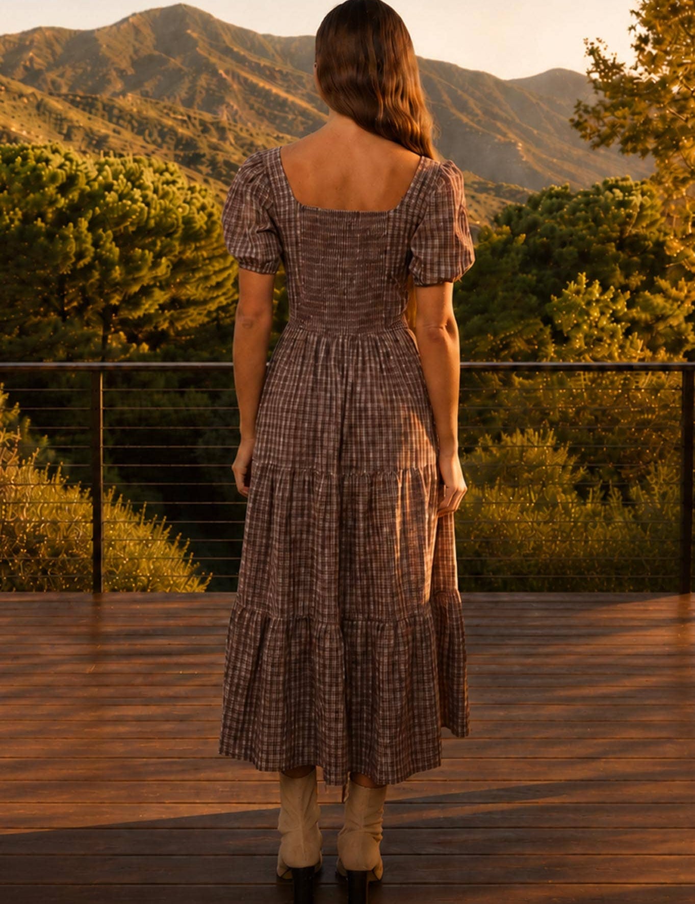 Brown Plaid Tiered Midi Dress showing square neckline