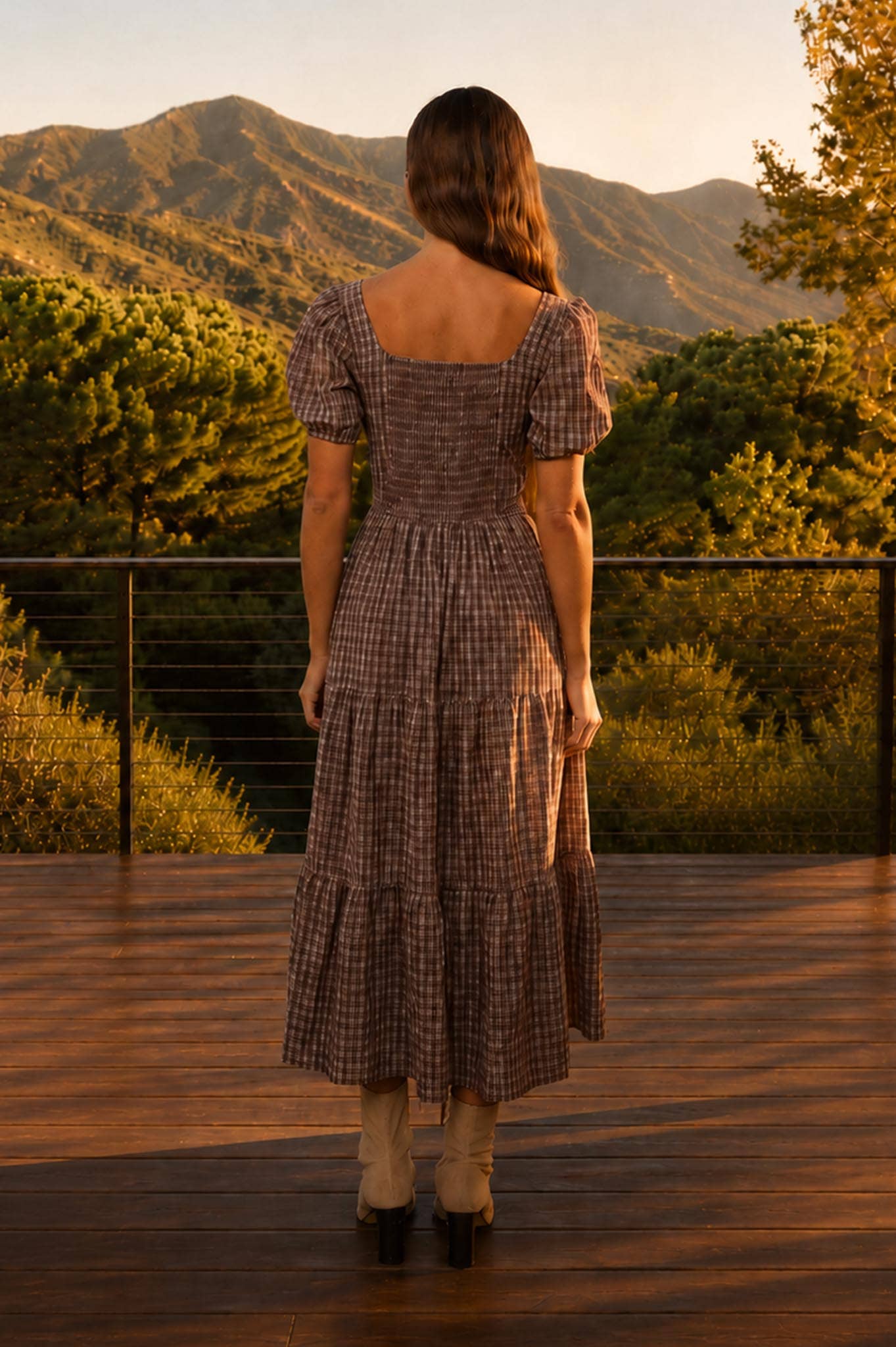 Brown Plaid Tiered Midi Dress showing square neckline