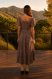 Brown Plaid Tiered Midi Dress showing square neckline