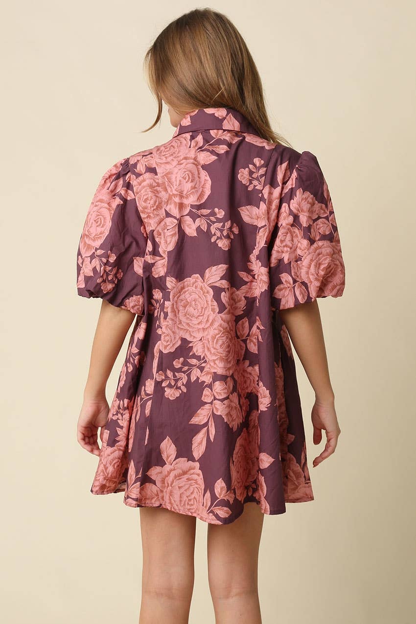 Maroon Floral Puff Sleeve Mini Dress showing voluminous puffy sleeves