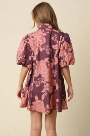 Maroon Floral Puff Sleeve Mini Dress showing voluminous puffy sleeves