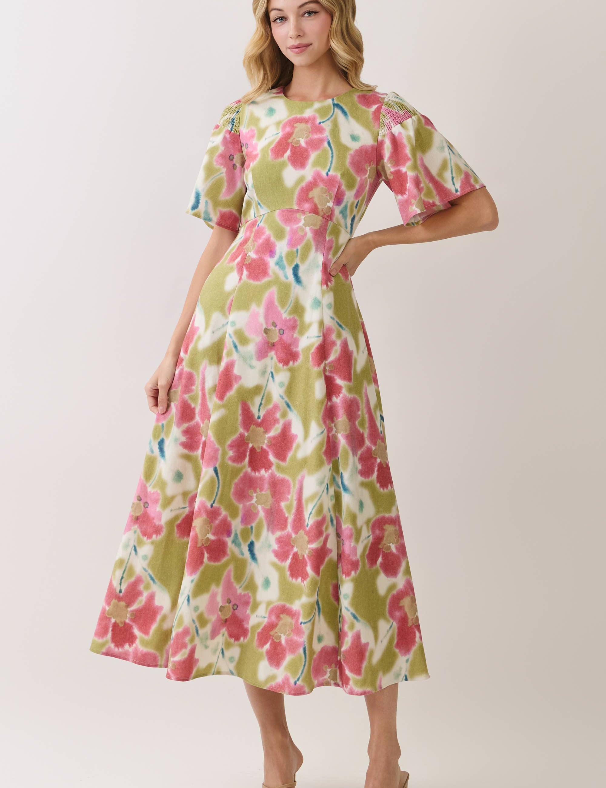 Green Floral Print Smocked Shoulder Midi Dress showing floral