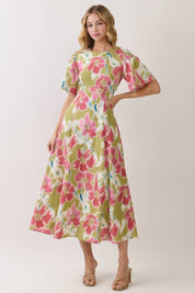 Green Floral Print Smocked Shoulder Midi Dress