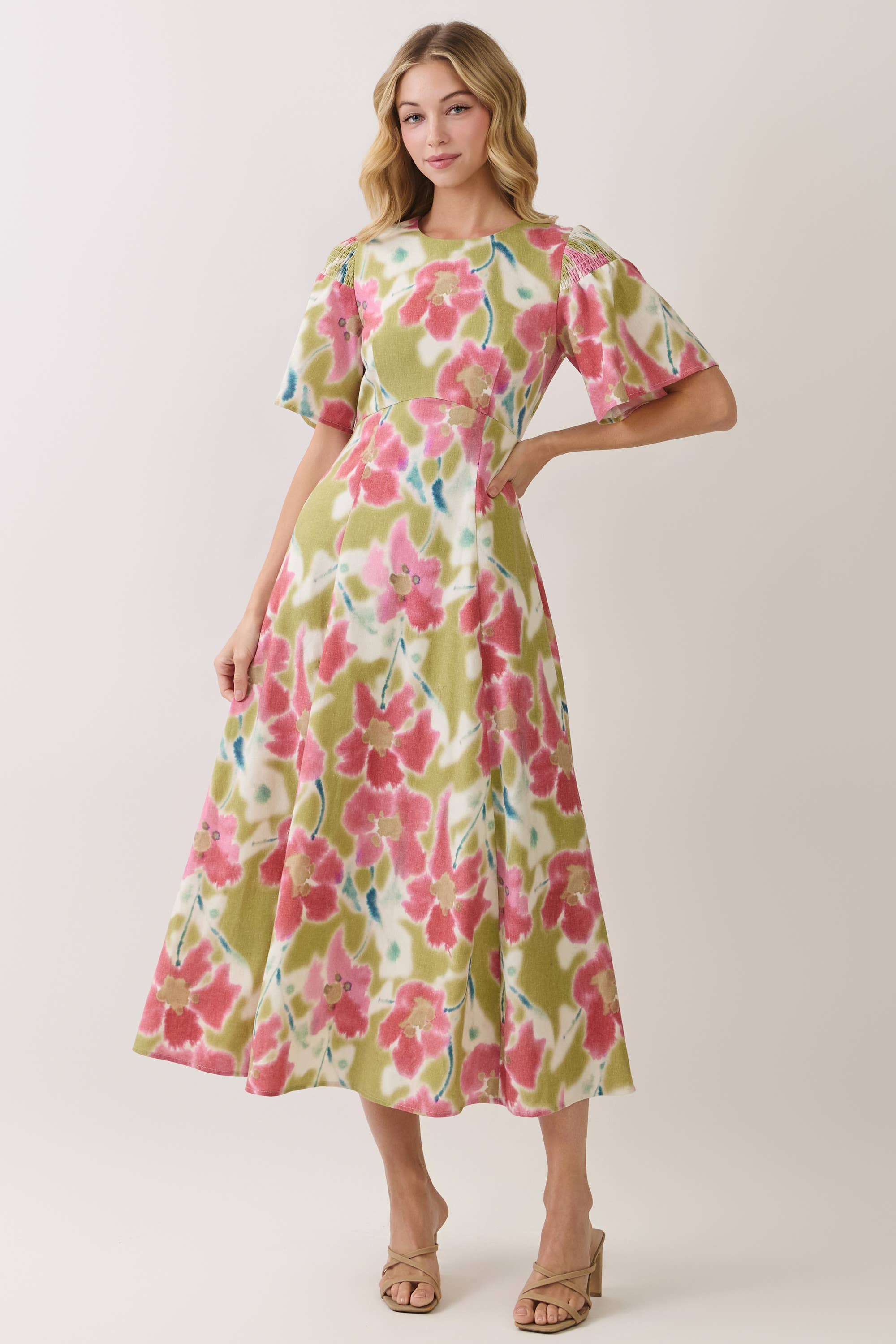 Green Floral Print Smocked Shoulder Midi Dress