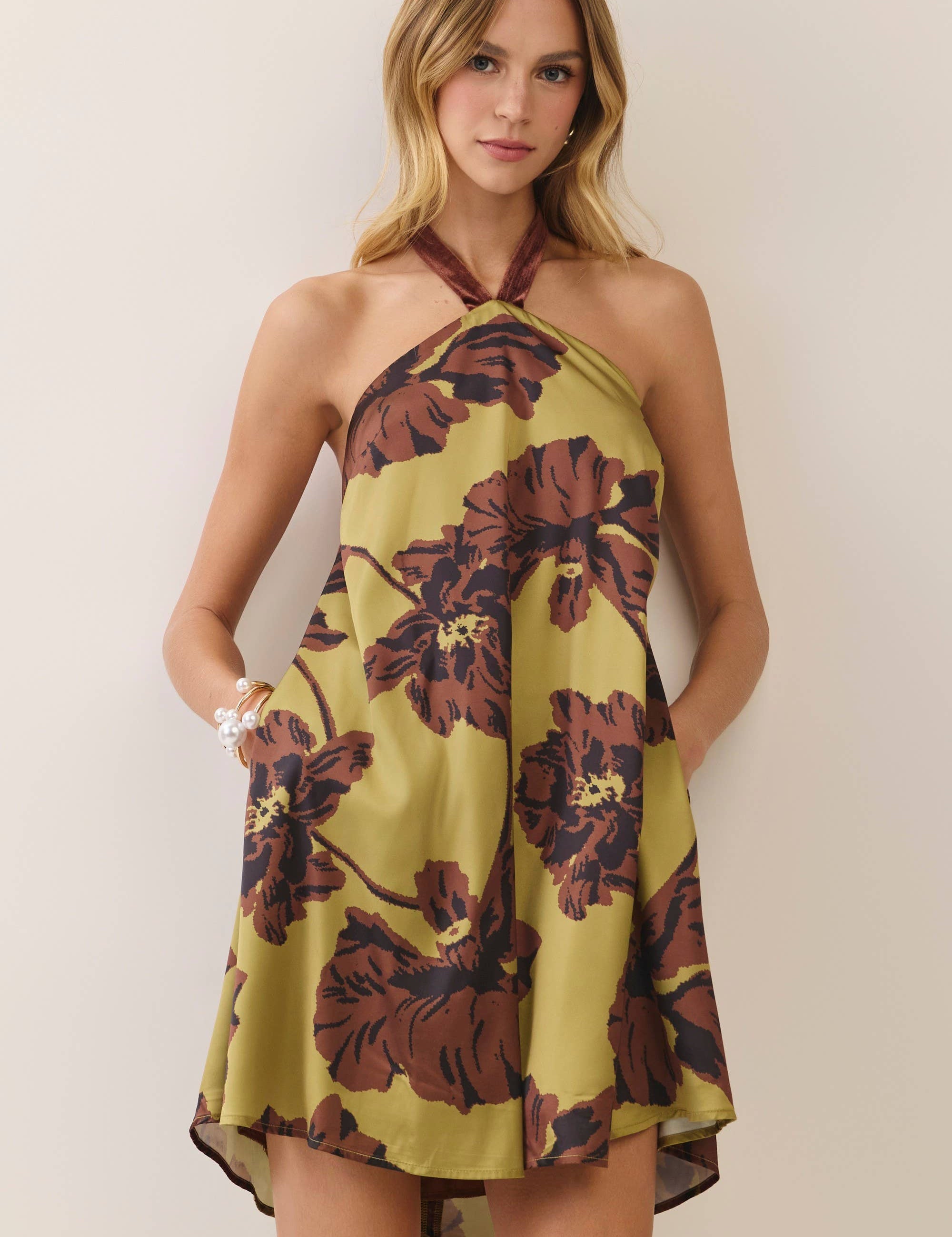 Olive Floral Velvet Halter Mini Dress