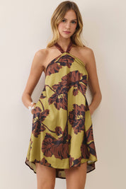 Olive Floral Velvet Halter Mini Dress