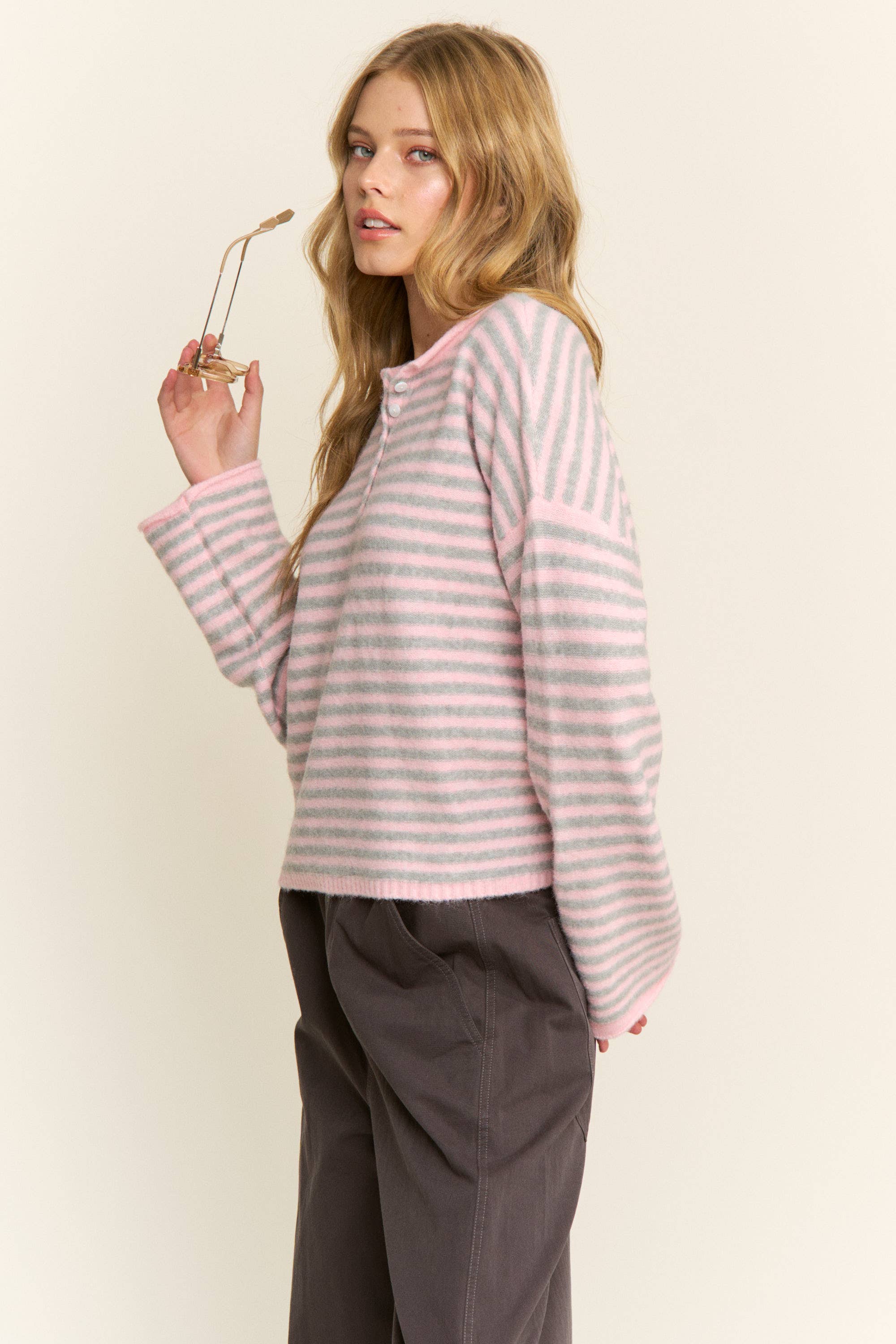 Pink Striped Henley Knit Sweater