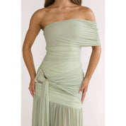 Green Asymmetrical Off Shoulder Dress