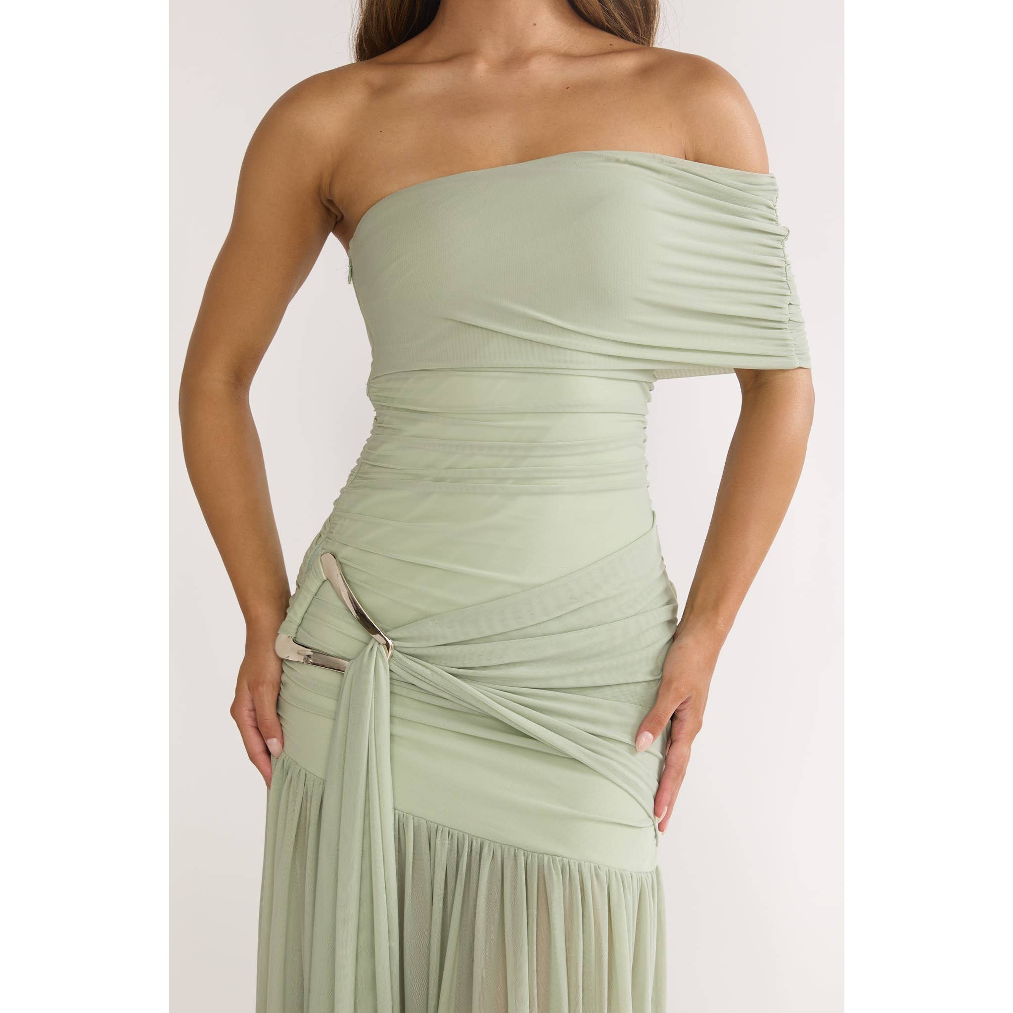 Green Asymmetrical Off Shoulder Dress