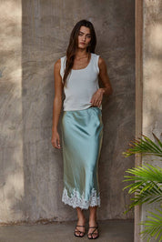 Mint Satin Mid Skirt