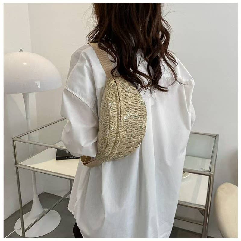 RAFFIA STRAW WAIST FANNY PACK CROSSBODY BELT BAG
