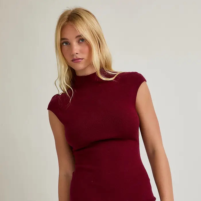 Burgundy Mock Neck Sleeveless Sweater Dress