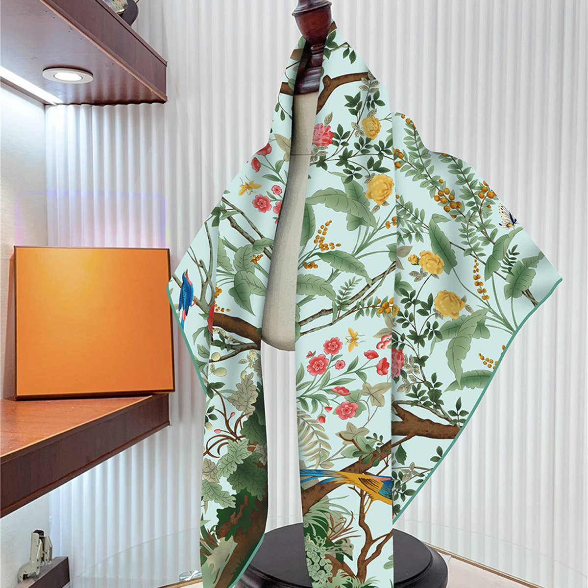 Blue Jungle Birds Twill Silk Sun Scarf showing color: blue