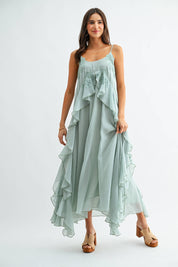 Mint Green Chiffon Maxi Dress with Floral Embroidery