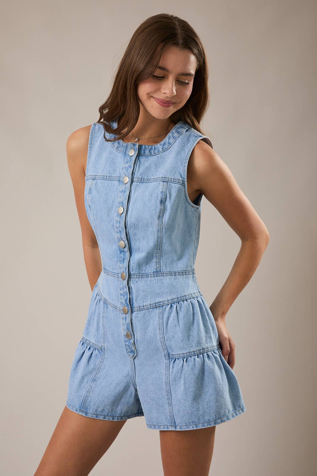 Blue Sleeveless Shirred Romper