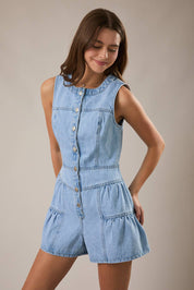 Blue Sleeveless Shirred Romper