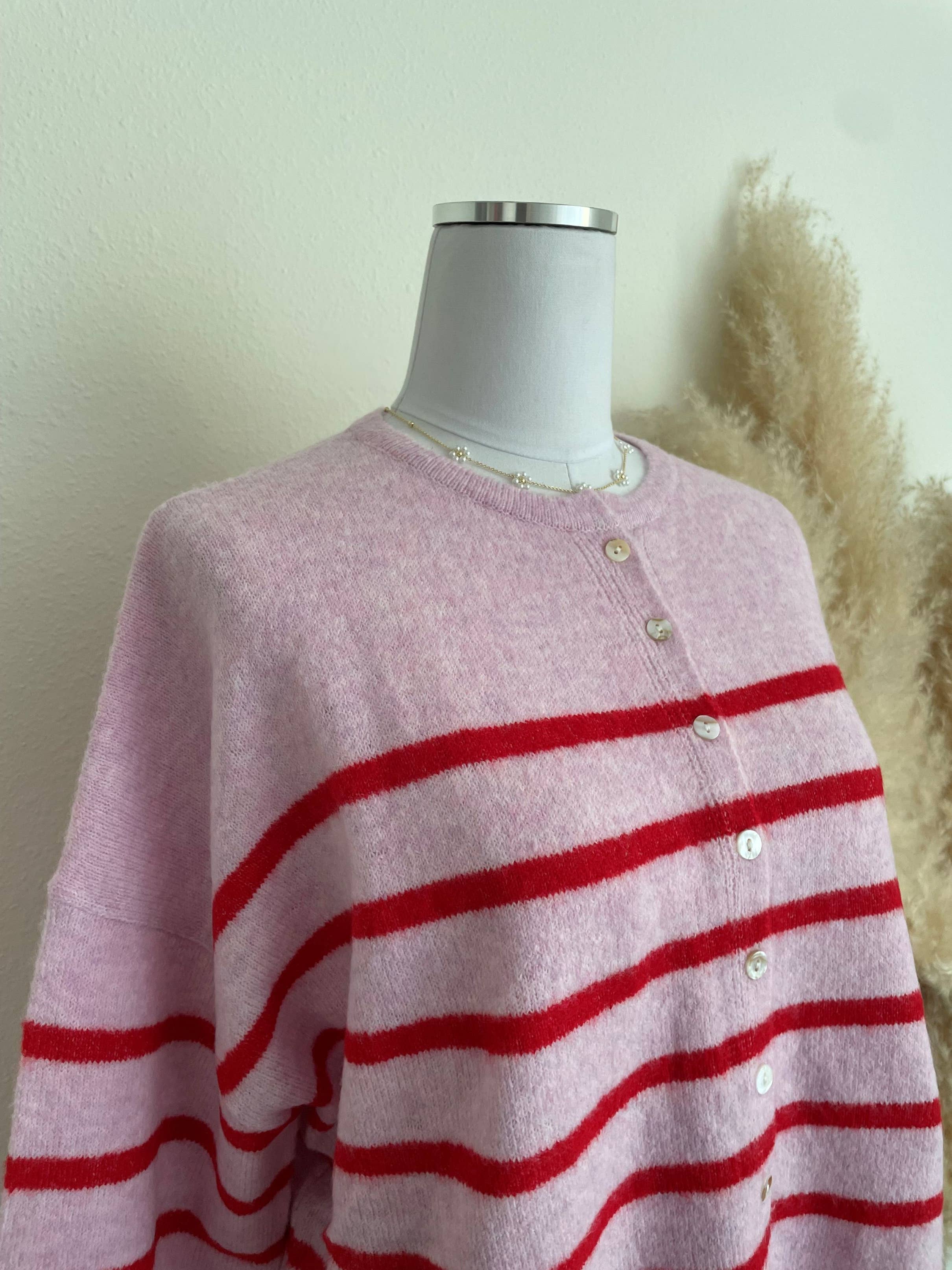 Pink & Red Striped Oversized Cardigan